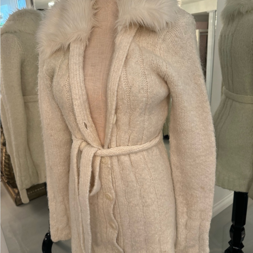 Le Chateau Cream Teddy Jacket with Faux Fur Collar